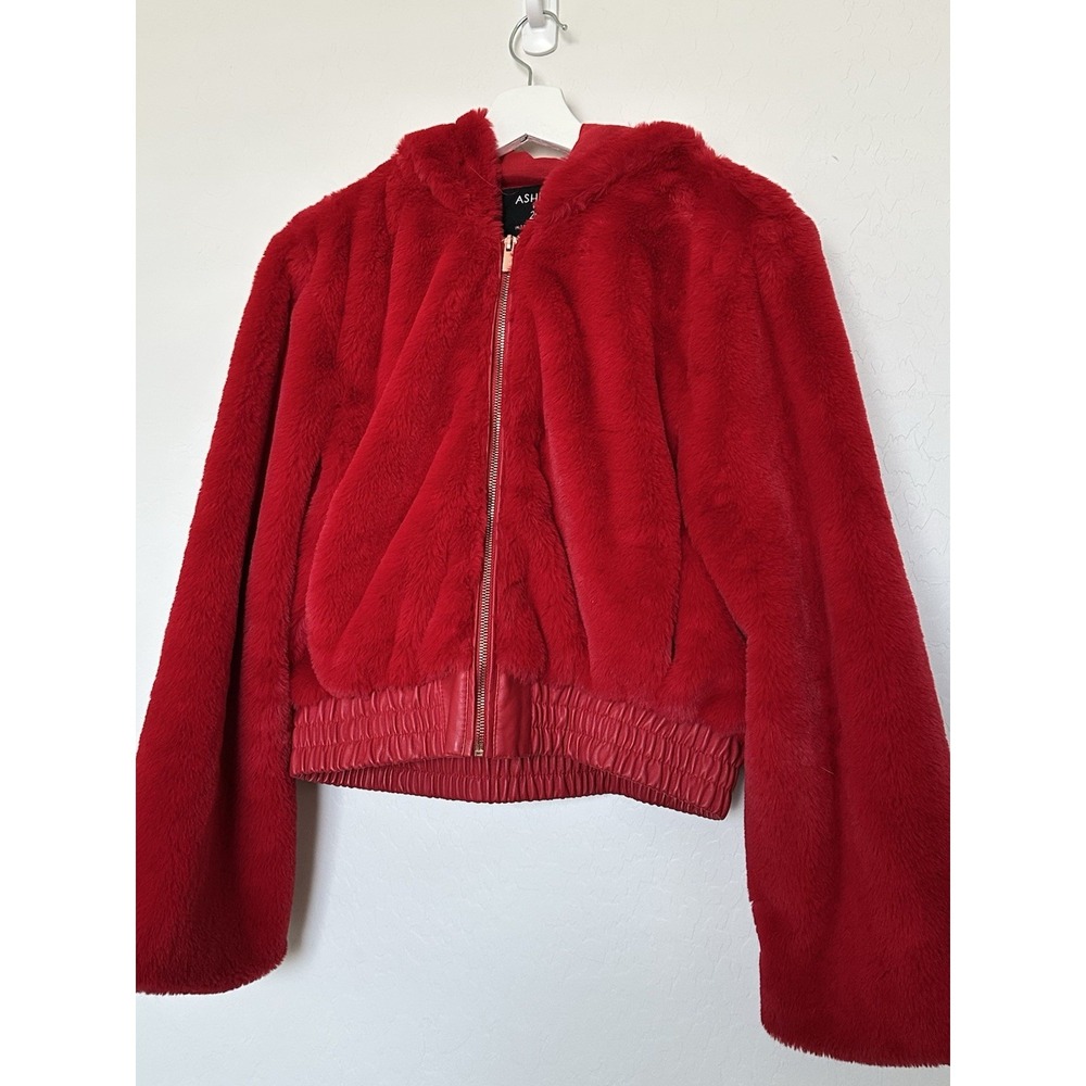 Ashley By 26 International Size L Red Thick Faux Fur Jacket Fully Lined Cropped